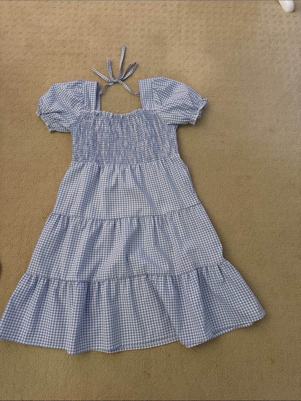 Amazon Blue Gingham Tiered Dress with Puff Sleeves